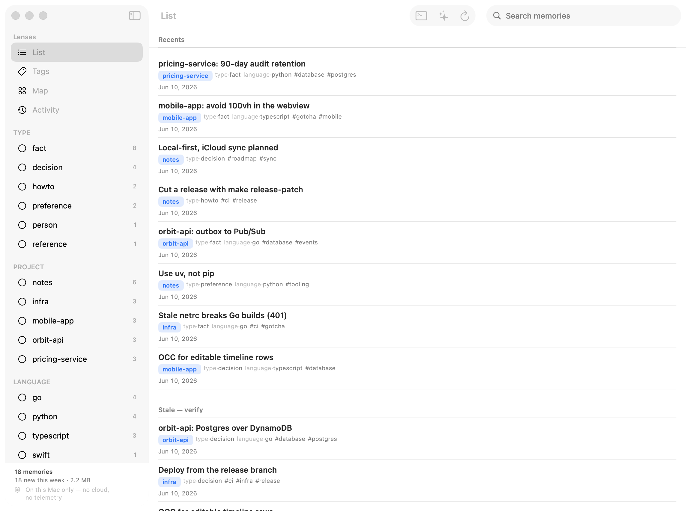 Engram showing the List lens — a faceted sidebar and a searchable list of memories
